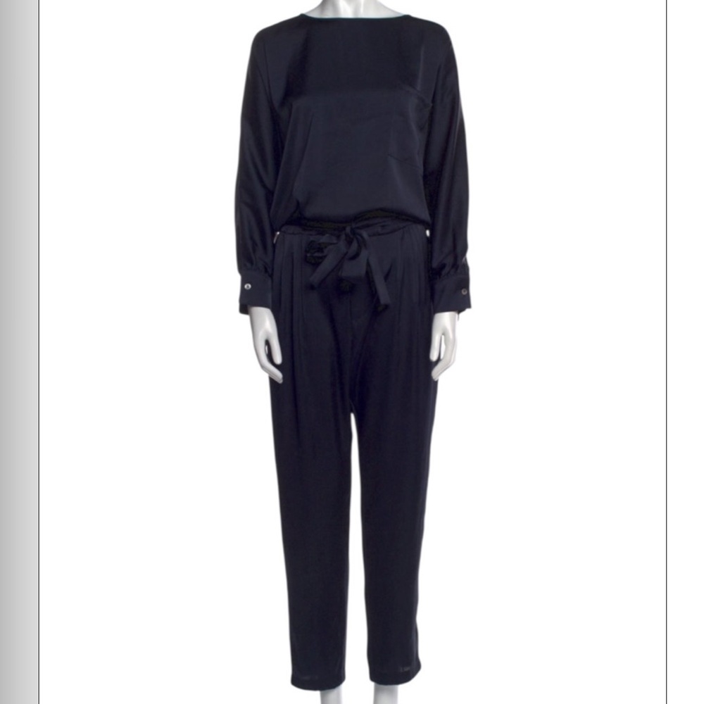 Overlover Satin Bateau Neck Tie Waist Jumpsuit Navy Blue M Pristine
